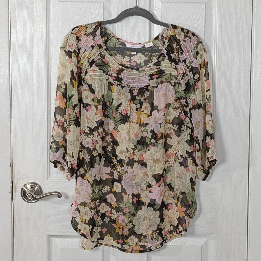 LC‎ Lauren Conrad Sheer Multicolored Floral Print Relaxed Fit Blouse Size M